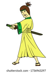 Der junge Samurai Warrior Man steht und hält sein Schwert. Kimono und Pferdeschwanz auf dem Kopf tragen. Asiatischer Soldat in traditioneller japanischer Kleidung für Männer. Darstellung isoliert auf weißem Hintergrund