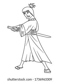 Joven Guerrero Samurai parado y sosteniendo una espada. Usando kimono. Soldado asiático vestido con ropa japonesa tradicional. Ilustración de línea aislada en fondo blanco. Página de color en blanco para niños