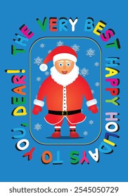 young santa claus card with colorful letters on blue backdrop