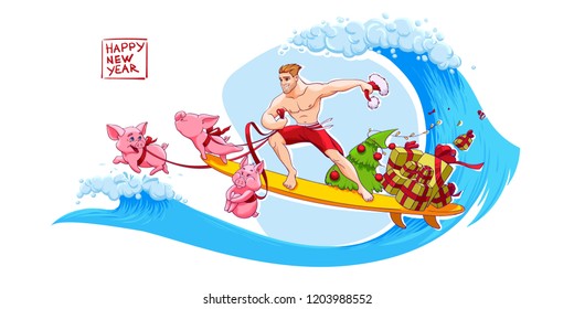 Young Santa Claus is delivering presents on the surfboard with three piggies