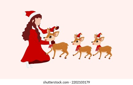 Young Santa Girl Caressing Reindeers.