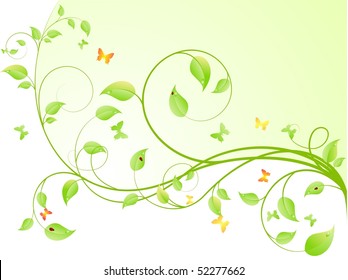 Young sapling with butterflies and ladybird. Vector background, isolated on a white.