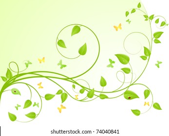 Young sapling with butterflies and ladybird. Vector background, isolated on a white.