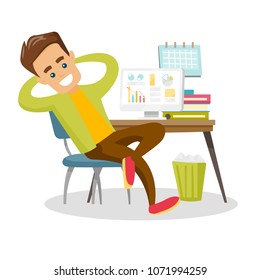 Young satisfied caucasian white employee sitting at workplace with hands clasped behind his head. Relaxed employee resting in the office. Vector cartoon illustration isolated on white background.