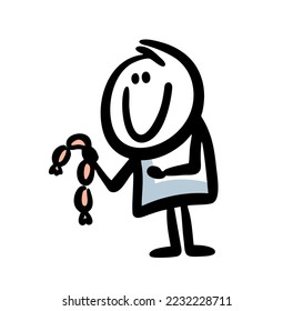 A young satisfied man holds a bunch of sausages in hands and preparing to have lunch. Vector doodle illustration of stickman and meat food.