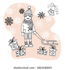 Young scandinavian boy with sled enjoys winter and waits for Christmas.  Hand drawn sketch. Line art. Vector illustration on snowy background. White snowflakes on blue.