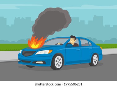 Young scared driver driving his broken sedan car on city road. Burning car engine hood. Perspective view. Flat vector illustration template.