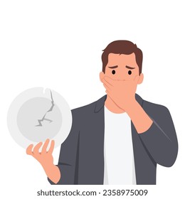 Young scared man hands holding a broken white plate. Metaphor for divorce, relationships, friendships, crack in marriage. Flat vector illustration isolated on white background