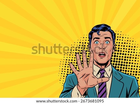 Young scared man in pop art style. On yellow background. Vector pop art style.	