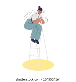 Young scared woman with acrophobia shaking while standing on ladder and fearing of height. Fear of height concept. Cartoon vector illustration