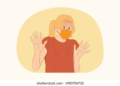 Young scared woman do stop gesture concept