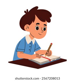 Young school boy doing homework at home desk. Education concept. Hand drawn style.