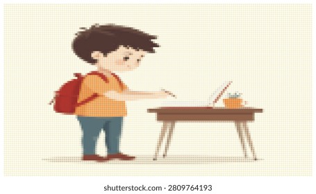 Young school boy wearing backpack standing at table using laptop computer for homework in minimalist flat vector illustration design for educational use.