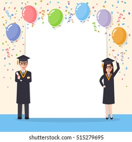 Young school, college and university graduation students and scholars in graduation celebration with confetti and blank poster. Flat design people characters.