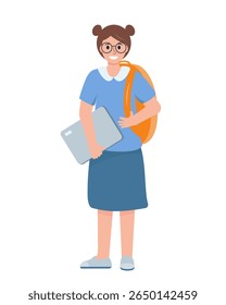 Young school female sudent with laptop or tablet and school bag. Smiling teenage girl, college student character on white background. Education Vector illustration.