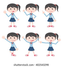 young school girl character various pose clip art set, vector illustration
