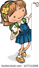young school girl child with a banner place for text writes your ad with a pen