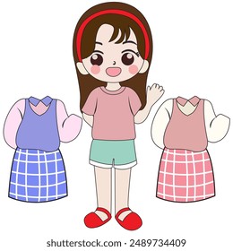 
young school girl pink and blue school dress clipart vector.