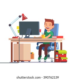Young school kid boy studying sitting in front of the desktop computer at her home desk. Doing homework at daddy workplace. Flat style color modern vector illustration.