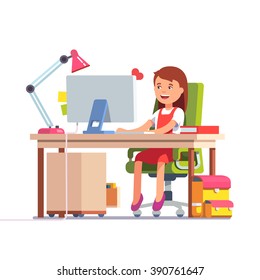 Young School Kid Girl Studying Sitting In Front Of The Desktop Computer At Her Home Desk. Flat Style Color Modern Vector Illustration.