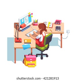 Young School Kid Girl Studying Sitting In Front Of Desktop Computer At Her Home Desk. Doing Homework At Home Table. Flat Style Color Modern Vector Illustration.