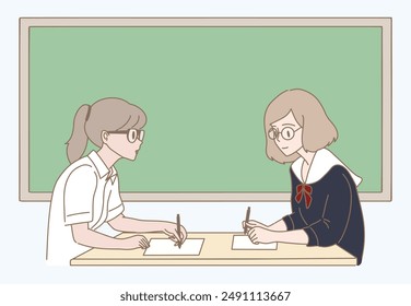 Young school student studying with teacher, Classmate explaining lesson in classroom. Chalkboard behind. Hand drawn flat cartoon character vector illustration.