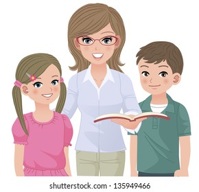 Young school teacher and happy pupils together. girl and boy images are without clopping, containing clipping mask.