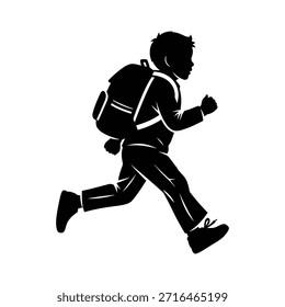 Junger Schuljunge mit schnell laufendem Rucksack. Jugendlicher Schüler, der sich auf den Weg zur Schule macht. Aktives Kind auf täglichem Weg.