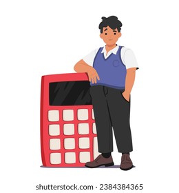 Young Schoolboy Character Diligently Solving Problems With His Oversized Calculator, Showcasing His Commitment To Learning And Mastering Mathematics. Cartoon Vector Illustration