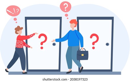 Young schoolboy lost way stands in school hallway and does not know which door to enter, asks teacher for way to class. Confused boy standing near door with question mark, asks woman for an answer