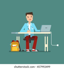 Young schoolboy or student learning sitting at the table with laptop. Vector illustration of education concept