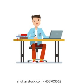 Young schoolboy or student learning sitting at the table with laptop. Vector flat illustration of education concept