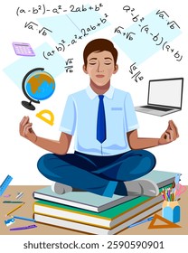 Young schoolboy student meditating sitting on a stack of books around him algebra formulas laptop notebooks pens pencils globe Vector