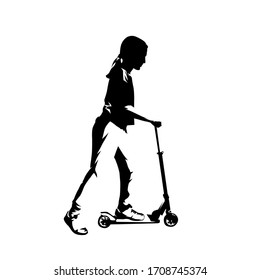 Young schooler girl rides scooter, ink drawing. Isolated vector silhouette. Playing kid. Side view