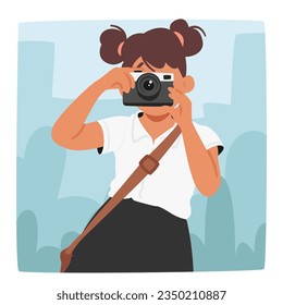 Young Schoolgirl Character Capturing Moments With A Photo Camera, Curious Eyes Framing The World Around Her In Candid Snapshots Of Life Fleeting Beauty. Cartoon People Vector Illustration