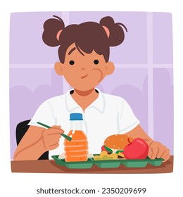 Young Schoolgirl Enjoying Her Lunch Break, Little Pupil Girl Character Munching Food, Savoring Every Bite, Creating Cheerful Moments In The School Cafeteria. Cartoon People Vector Illustration