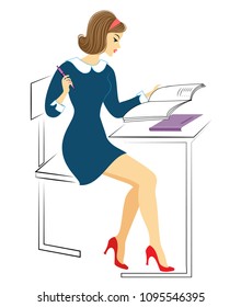 A young schoolgirl sits at a desk. The girl does the homework, writes in the notebook. The lady is very nice. Vector illustration.