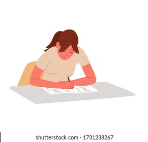 A Young Schoolgirl Sits At The Desk And Writes An Essay In Her Notebook. Preparing For The Exam, An Illustration In A Flat Cartoon Style.