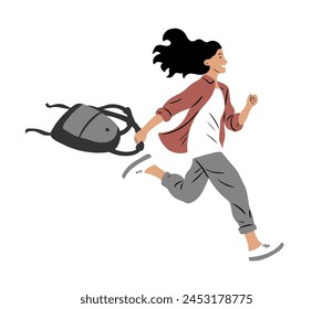 A young schoolgirl or student runs joyfully with a backpack in her hand. Happy teenage girl. School break and holidays. Flat vector art illustration isolated on white background