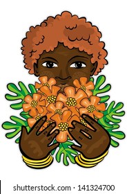 young school/preschool african child holding orange exotic flowers as a gift Mother's Father's Day / Birthday type card colorful illustration on white background
