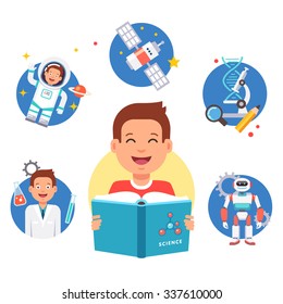 Young science learner kid. School student studying reading book and dreaming about future profession. Flat style vector illustration and icons isolated on white background.