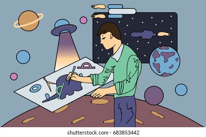 A young scientist, astronomer or engineer draws drawing. Concept on the topic of space exploration. Vector illustration.