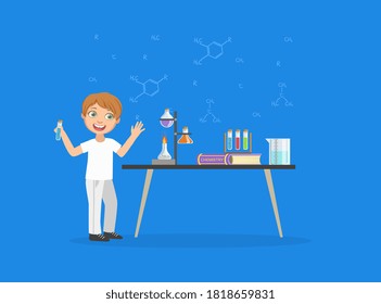 Young Scientist Doing Chemistry Experiments, Cute Boy Holding Test Tube Vector Illustration