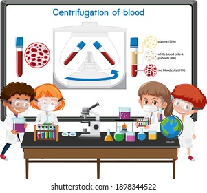 Científico joven explicando centrifugación de sangre frente a un tablero con elementos de laboratorio ilustración