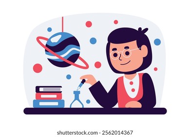 A Young Scientist Exploring the Cosmos:  A Colorful Illustration of a Child Conducting a Science Experiment with a Planetary Background