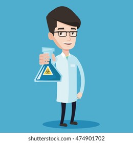 Young scientist holding a flask with bio hazard sign. Smiling laboratory assistant in medical gown showing a flask with some liquid in it. Vector flat design illustration. Square layout.