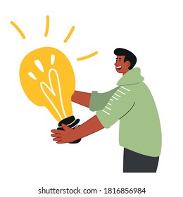 A young scientist holds a huge glowing light bulb in his hands, as a symbol of an idea. Startup and investment. Marketing strategy, brainstorming, success. Vector illustrations of people
