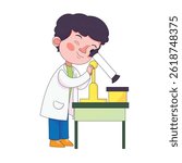 Young scientist kid excitedly using a microscope in the lab, fun education, science, and childhood concept.