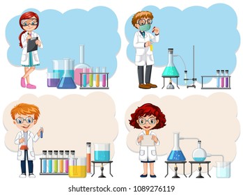 Un joven científico en una ilustración de plantilla de laboratorio