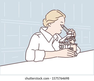 Young scientist looking through a microscope in a laboratory. Young scientist doing some research. Hand drawn style vector design illustrations.